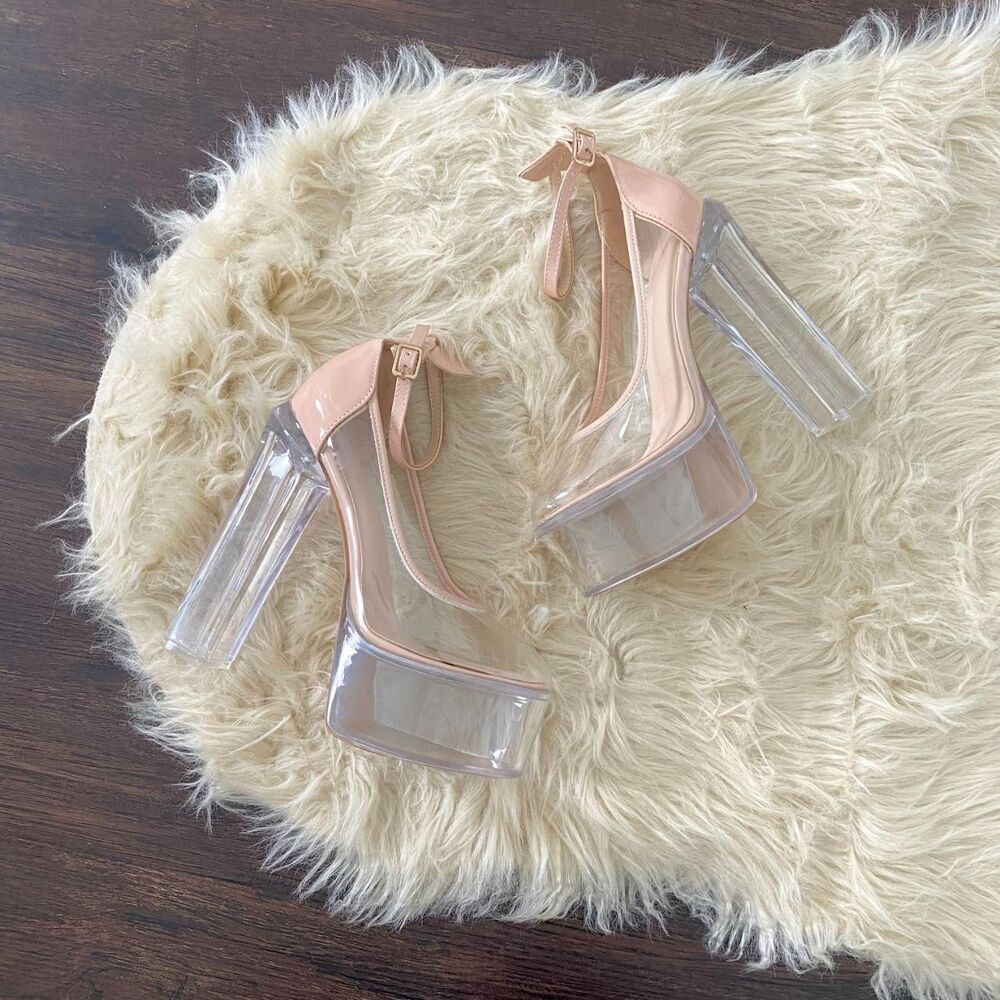 New Clear Nude Go-Go Ankle Strap Platform Ultra High Heels Miss Lola US 6.5